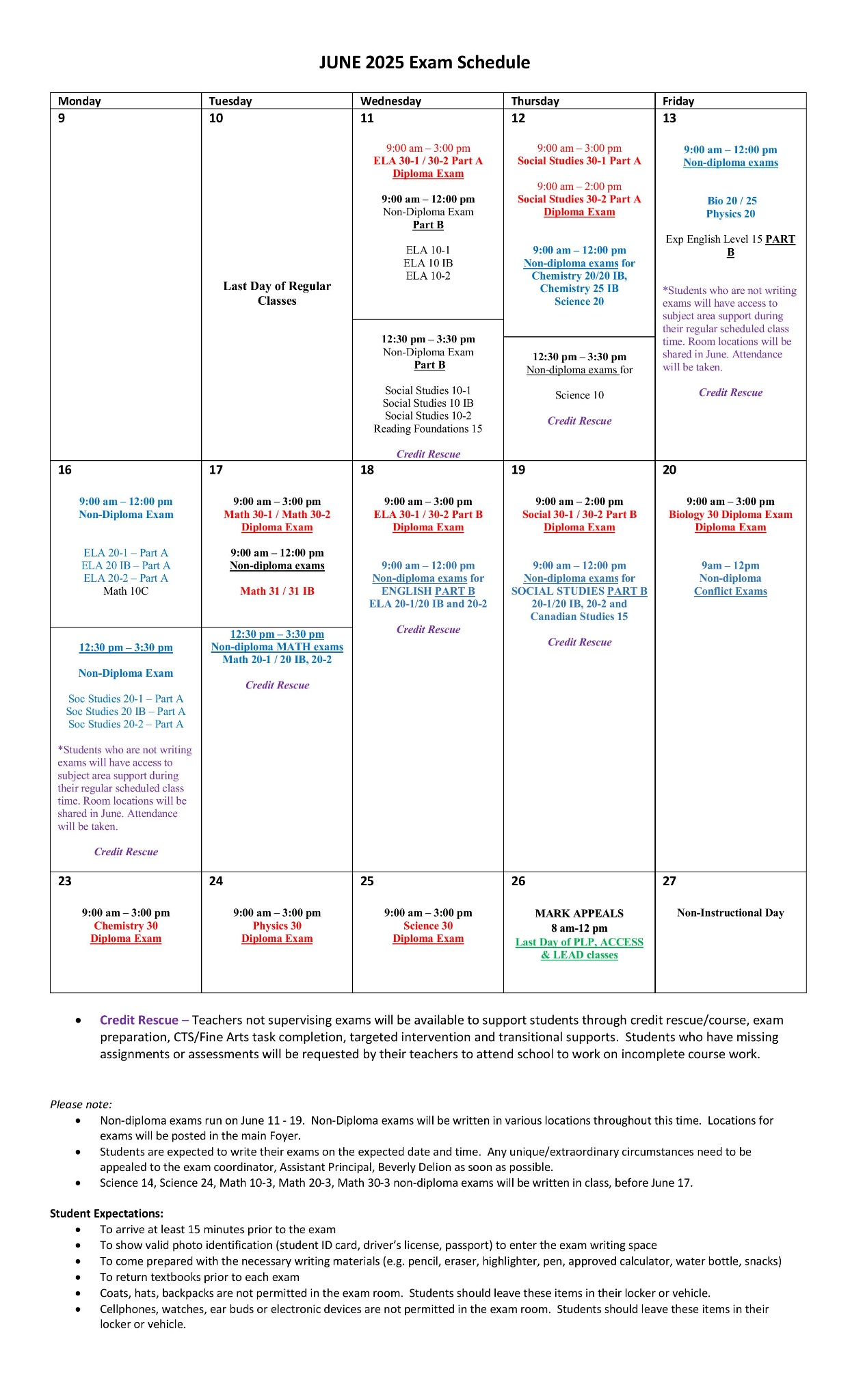 HWW June 2025 Exam Schedule