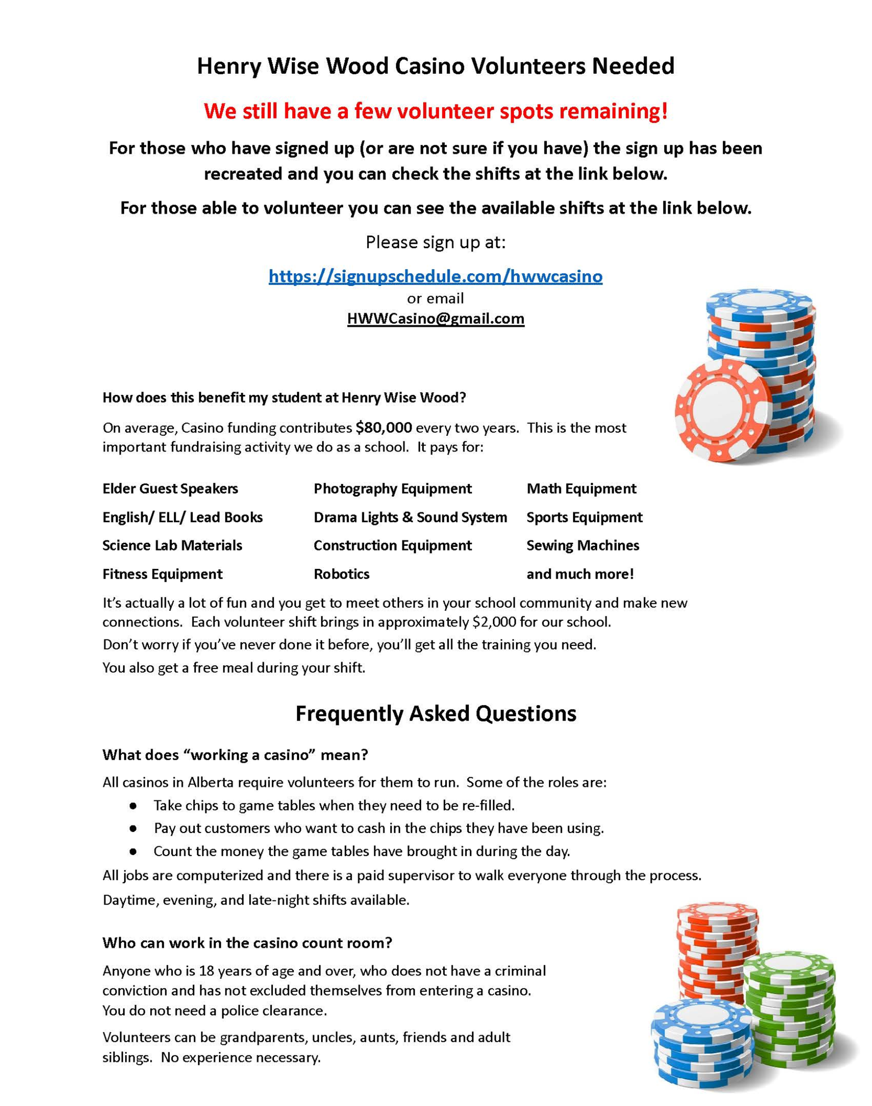 Casino Volunteering April 1 and April 2